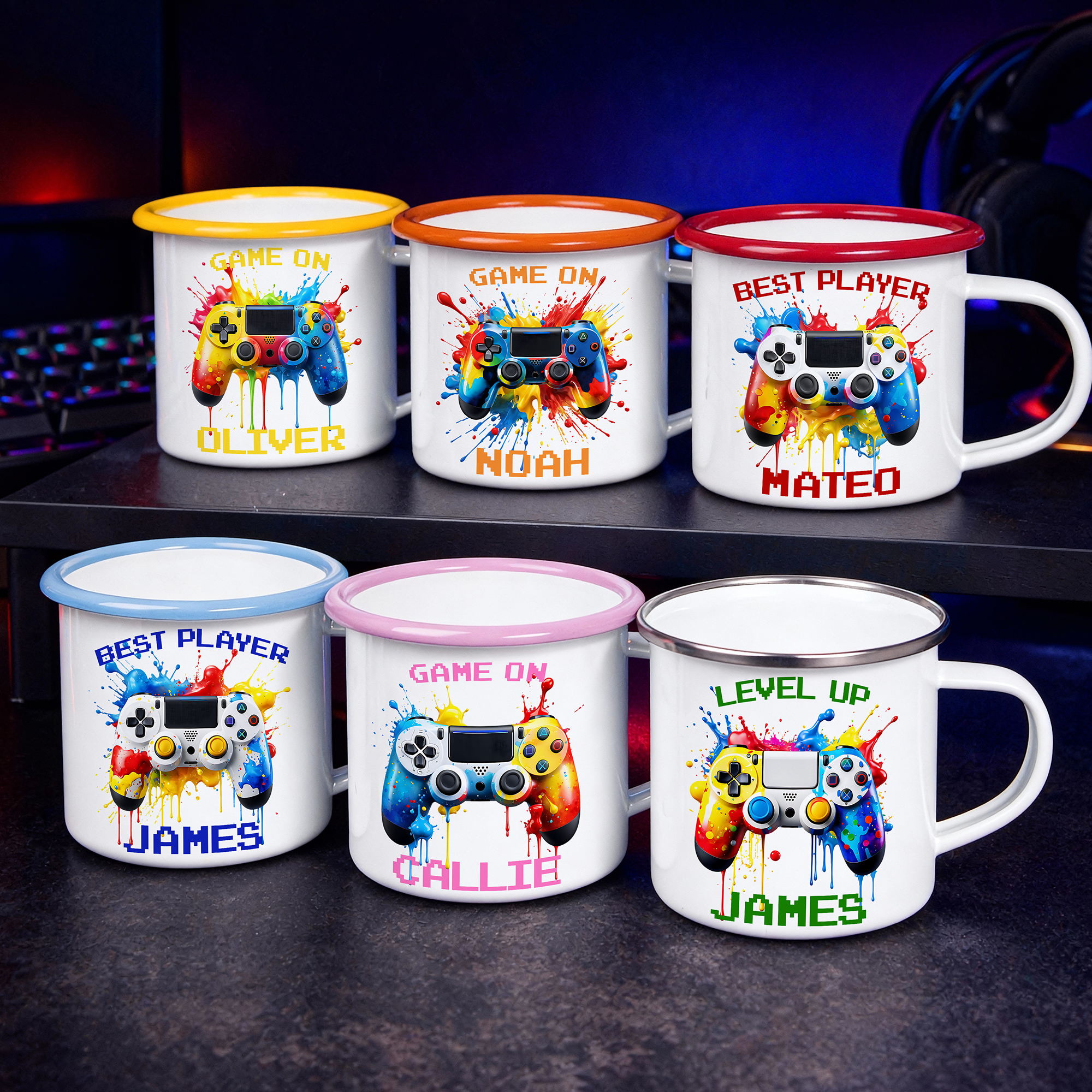 Mug en émail coloré avec nom pour Gamepad 12 oz Cadeau d'anniversaire pour les enfants amateurs de jeux vidéo
