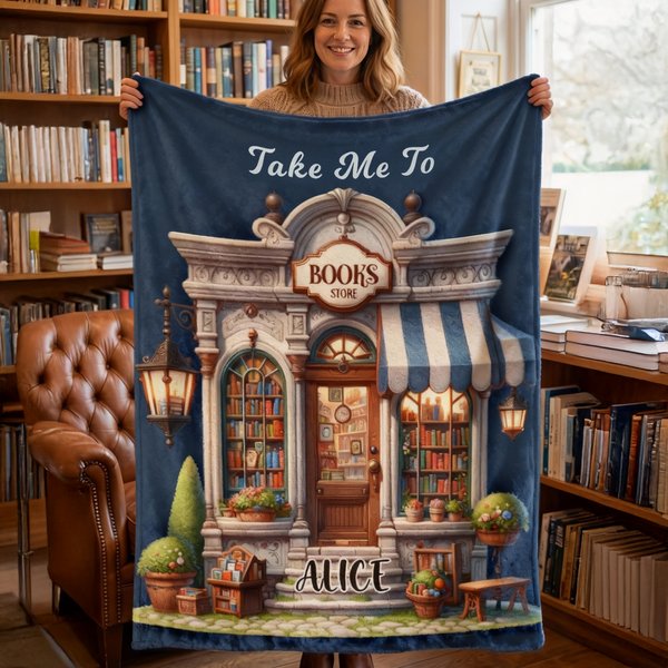 Personalized Take Me To Bookstore Soft Throw Blanket with Name Home Decor Birthday Gift for Book Lovers Bookworms