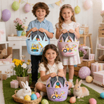 Personalized Cartoon Character Excavator Easter Eggs Striped Easter Basket with Name and Bunny Ears Easter Party Favor Eggs Hunting Gift for Kids