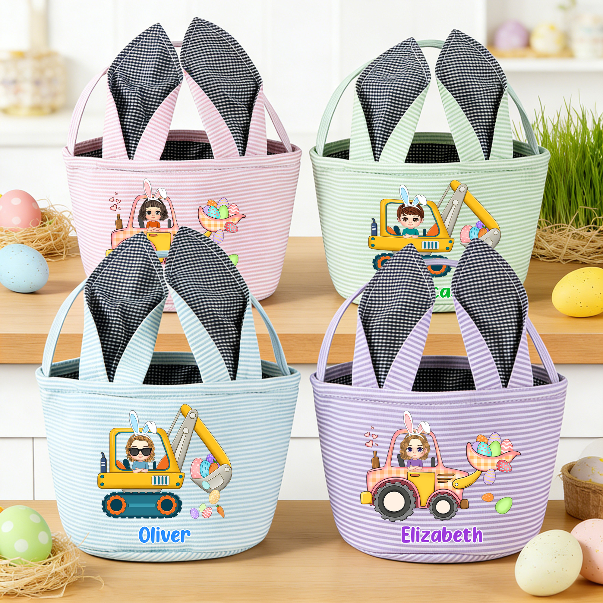 Panier de Pâques personnalisé avec nom et oreilles de lapin Oeuf de Pâques en forme de pelleteuse Cadeau de chasse aux oeufs de Pâques pour enfants