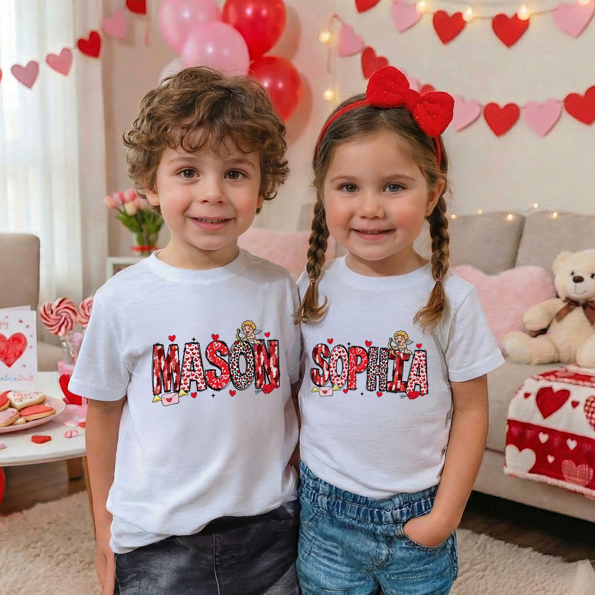 Sweatshirt personnalisé Cupidon Coeur Alphabet avec nom Cadeau de Saint-Valentin pour Couple Enfants