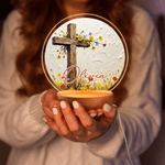 Personalized Oil Painting Style Flower Cross Acrylic LED Night Light with Name and Wooden Base Home Decor Birthday Gift for Christian