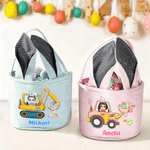 Personalized Cartoon Character Excavator Easter Eggs Striped Easter Basket with Name and Bunny Ears Easter Party Favor Eggs Hunting Gift for Kids