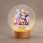 Personalized Bunny Ears Highland Cow Easter Egg LED Night Light with Name and Wooden Base Nursery Decor Easter Gift for Kids