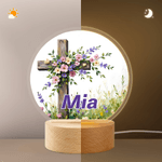 Personalized Oil Painting Style Flower Cross Acrylic LED Night Light with Name and Wooden Base Home Decor Birthday Gift for Christian