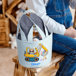 Personalized Cartoon Character Excavator Easter Eggs Striped Easter Basket with Name and Bunny Ears Easter Party Favor Eggs Hunting Gift for Kids