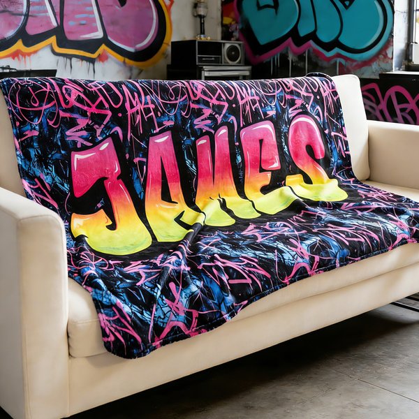 Personalized Graffiti-Style Multicolor Soft Throw Blanket with Name Home Decor Birthday Christmas Gift for Teenager Friend Graffiti Lover