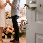 Portachiavi in acrilico con nome e titolo della canzone Regalo di nozze di San Valentino personalizzato per coppia con foto di lettore musicale