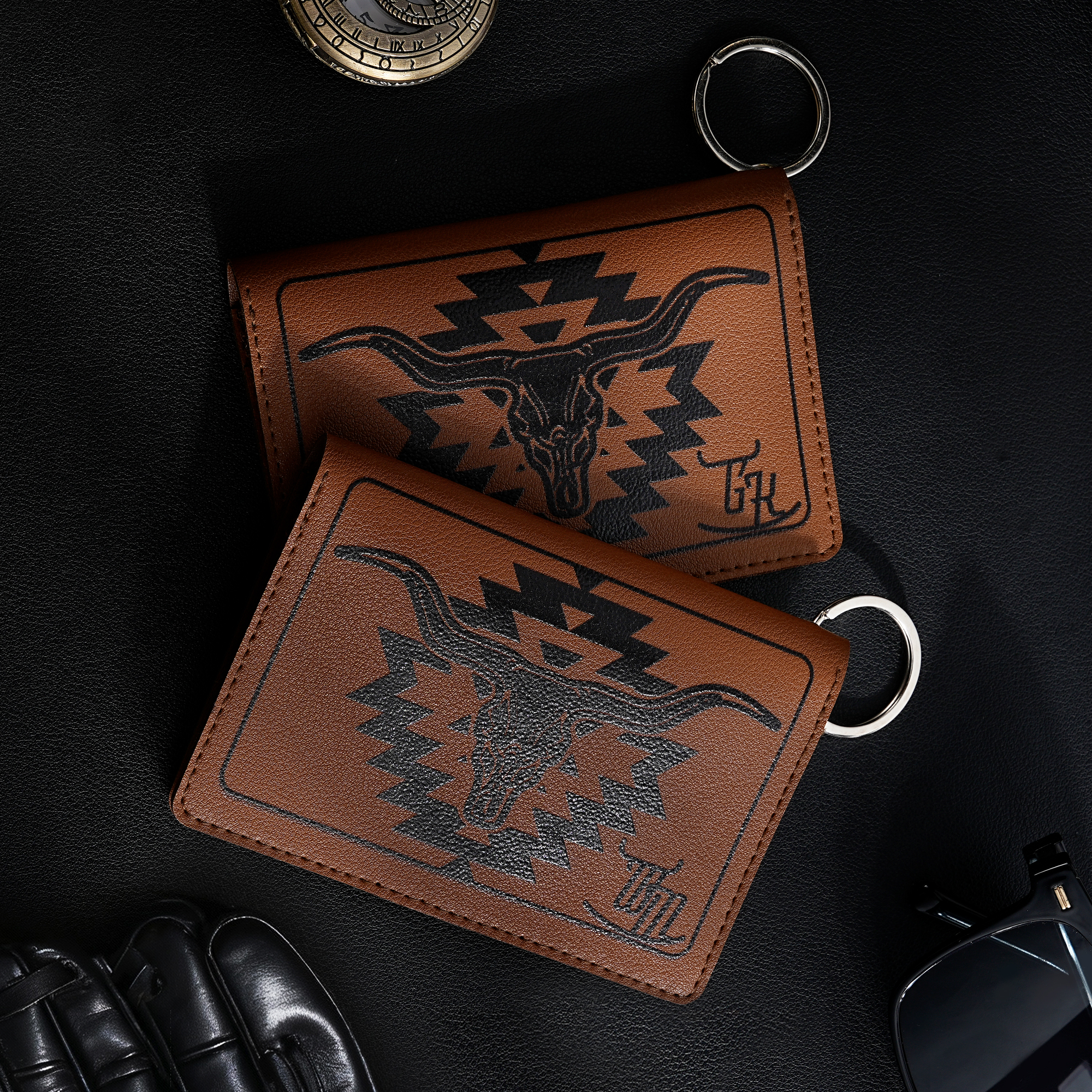 Personnalisé Western Cow Skull Geometric Pattern PU Leather Keylet Wallet with Letter Portable Accessories Travel Birthday Gift for Family Friends