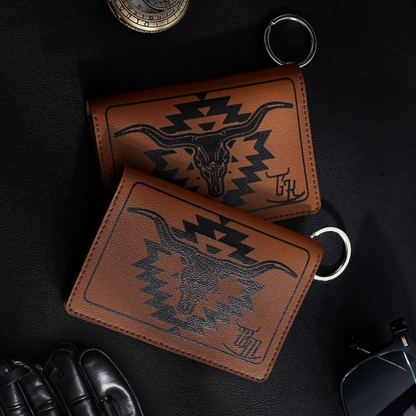 Personalized Western Cow Skull Geometric Pattern PU Leather Wallet Keychain with Letter Portable Accessories Travel Birthday Gift for Family Friends