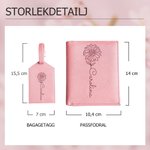 Personligt läderpassfodral och bagagetagg med födelsedagsblommor och namn perfekt present för kvinnor och reseväsentlighet