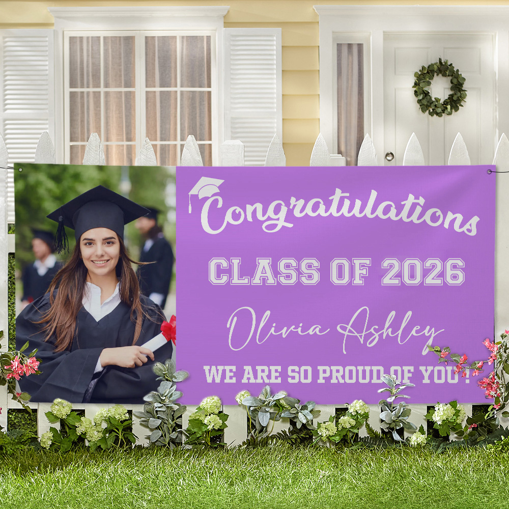 Félicitations personnalisées Proud of You Multicolor Photo Banner with Name Class of 2026 Graduation Backdrop Party Decor Gift for Graduates