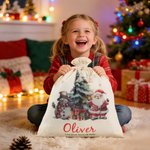Personalisierte Weihnachtsmann Schneemann Weihnachtsbaum Drawstring Geschenkbeutel mit Namen und hölzernen Tag Weihnachtsgeschenk für Kinder