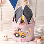 Personalized Cartoon Character Excavator Easter Eggs Striped Easter Basket with Name and Bunny Ears Easter Party Favor Eggs Hunting Gift for Kids