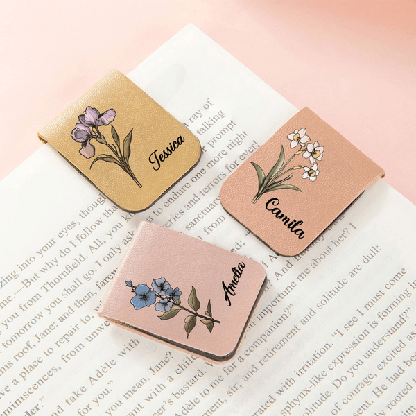 Personalized Retro Watercolor Style Birth Flower Multicolor Magnetic PU Leather Bookmark Clip with Name Reading Birthday Gift for Bookworms