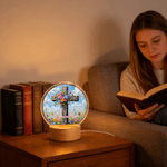 Personalized Oil Painting Style Flower Cross Acrylic LED Night Light with Name and Wooden Base Home Decor Birthday Gift for Christian