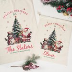 Personalisierte Weihnachtsmann Schneemann Weihnachtsbaum Drawstring Geschenkbeutel mit Namen und hölzernen Tag Weihnachtsgeschenk für Kinder