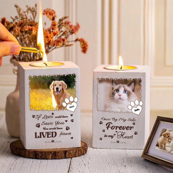Gepersonaliseerde Pootafdruk Huisdierfoto Houten Kaarshouder met Naam en Tekst Huisdierverlies Herdenkingsgeschenk voor Huisdiereigenaar