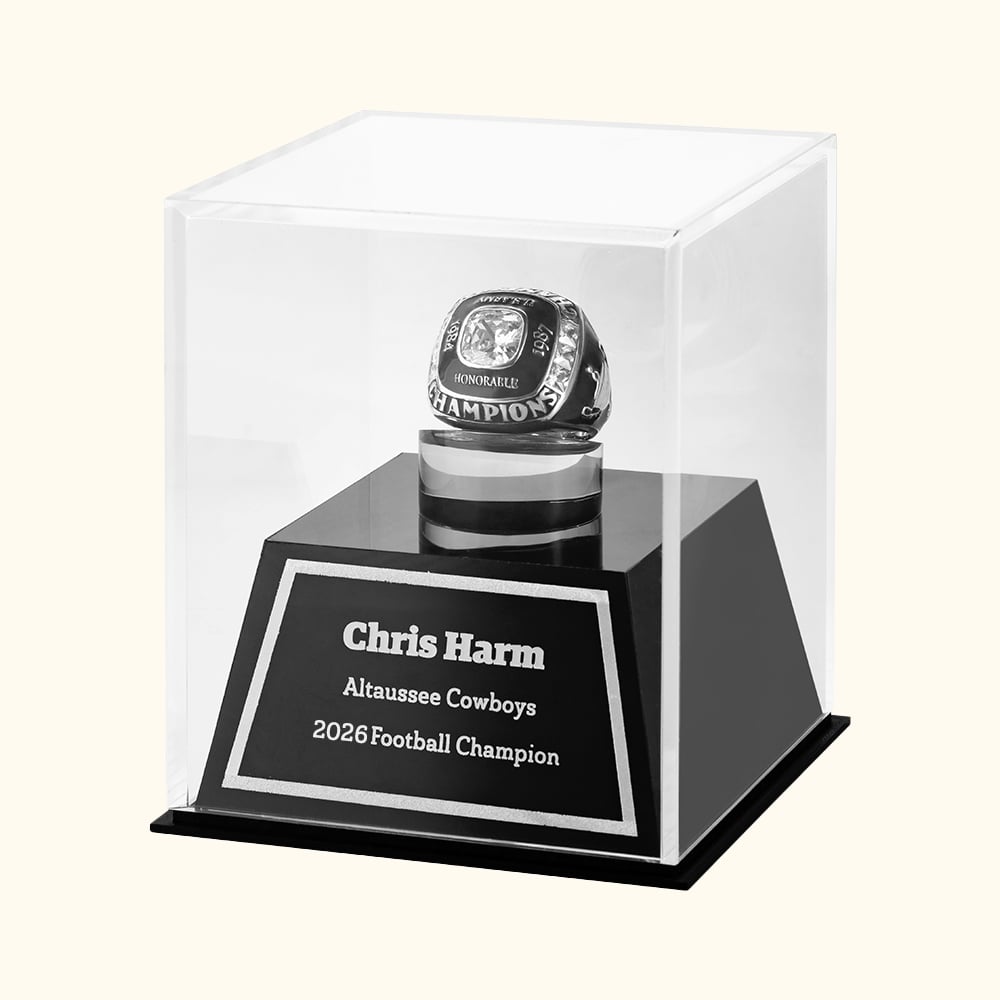 Présentoir de Bague de Championnat Personnalisé avec Texte Gravé en Acrylique pour Bague de Football Baseball Softball Cadeau pour Amateurs de Sport