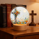 Personalized Oil Painting Style Flower Cross Acrylic LED Night Light with Name and Wooden Base Home Decor Birthday Gift for Christian