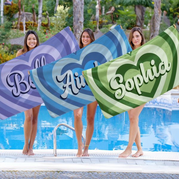 Personalized Layered Heart Ripple Oversized Quick Dry Beach Towel with Name Beach Party Valentine's Day Birthday Gift for Family Couple