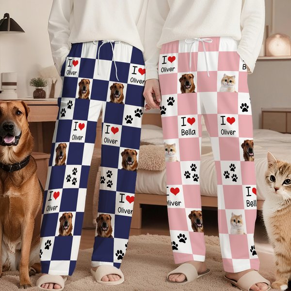 Personalisierte Karomuster Schlafhose mit 1–4 Haustierfotos Namen und Pfotenabdruck Geburtstag Geschenk für Tierliebhaber Haustierbesitzer