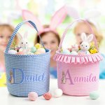 Personalized Cute Peter Rabbit Plaid Easter Basket with Name Easter Egg Hunt Easter Gift for Boys Girls