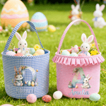 Personalised Cute Bunny Gradient Colour Initial Plaid Easter Basket with Name and Ruffles Eggs Hunting Party Easter Gift for Kids