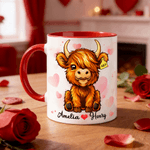 Personalized Love Heart Highland Cow Ceramic Coffee Mug with Name Daily Use Valentine's Day Wedding Gift for Couple