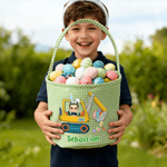 Personalised Excavator Cartoon Character Plaid Easter Basket with Name Easter Party Favor Eggs Hunting Gift for Boys Girls