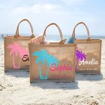 Henkilökohtainen Palm Tree Suuri Jute Kangaskassi nimi ja teksti Travel tarvikkeet Syntymäpäivä Beach Party häät lahja naisille Bridesmaids