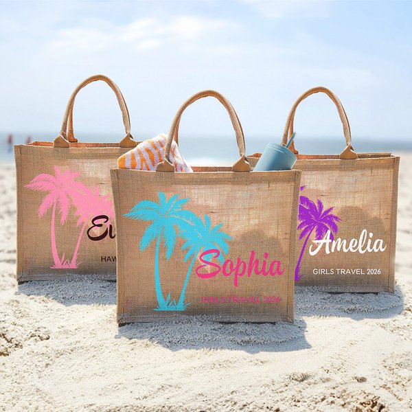 Henkilökohtainen Palm Tree Suuri Jute Kangaskassi nimi ja teksti Travel tarvikkeet Syntymäpäivä Beach Party häät lahja naisille Bridesmaids