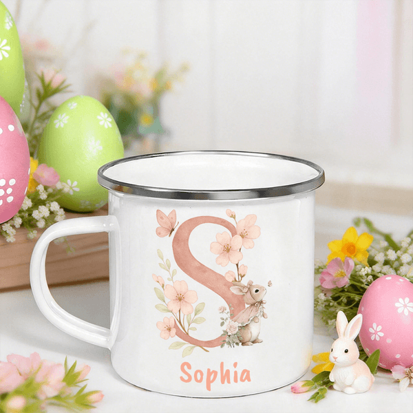 Personalized Watercolor Easter Bunny Floral Initial 12 oz Colored Rim Enamel Mug with Name Easter Birthday Gift for Kids Girls