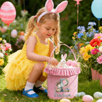 Personalised Cute Bunny Gradient Colour Initial Plaid Easter Basket with Name and Ruffles Eggs Hunting Party Easter Gift for Kids