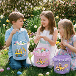 Personalised Excavator Cartoon Character Plaid Easter Basket with Name Easter Party Favor Eggs Hunting Gift for Boys Girls