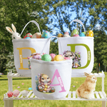 Personalized Cartoon Bunny Flower Basket Canvas Easter Basket with Name and Initial Egg Hunting Accessories Easter Gift for Boys Girls