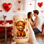 Personalized Cute Highland Cow 20 oz Frosted Clear Glass Cup with Name and Straw Valentine's Day Birthday Gift for Couple
