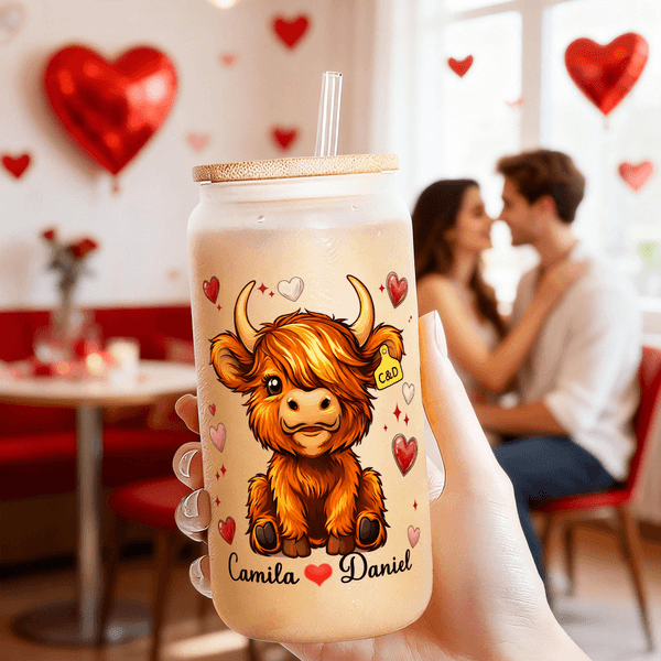 Personalized Cute Highland Cow 20 oz Frosted Clear Glass Cup with Name and Straw Valentine's Day Birthday Gift for Couple