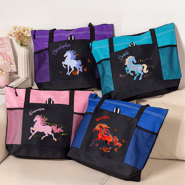 Personalized Multicolor Floral Horse Large Capacity Oxford Tote Bag with Name and Mesh Pockets Horse Training Daily Use Gift for Horse Owners Riders