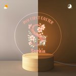 Luce notturna a LED in acrilico con nome e base in legno, decorazione per l'asilo nido, regalo di compleanno di Pasqua per bambini.