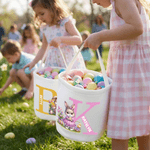 Personalized Cartoon Bunny Flower Basket Canvas Easter Basket with Name and Initial Egg Hunting Accessories Easter Gift for Boys Girls