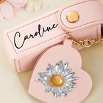 Gepersonaliseerd kristallen geboorte bloem PU lederen lippenstift tasje sleutelhanger met naam en hart-vormige spiegel verjaardagscadeau voor vrouwen bruidsmeisjes