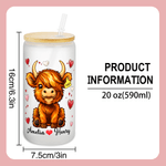 Personalized Cute Highland Cow 20 oz Frosted Clear Glass Cup with Name and Straw Valentine's Day Birthday Gift for Couple