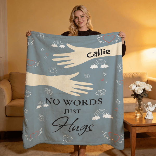 Personalized No Words Just Hugs Rainbow Heart Soft Comfort Throw Blanket with Name Home Decor Sympathy Memorial Gift for Family Friends