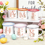 Gepersonaliseerde Watercolor Paashaas Bloemen Initiaal 12 oz Gekleurde Rand Emaille Mok met Naam Pasen Verjaardagscadeau voor Kinderen Meisjes