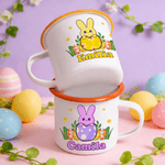 Personalised Cute Easter Bunny Egg Design 12 oz Coloured Rim Enamel Mug with Name Easter Birthday Gift for Boys Girls