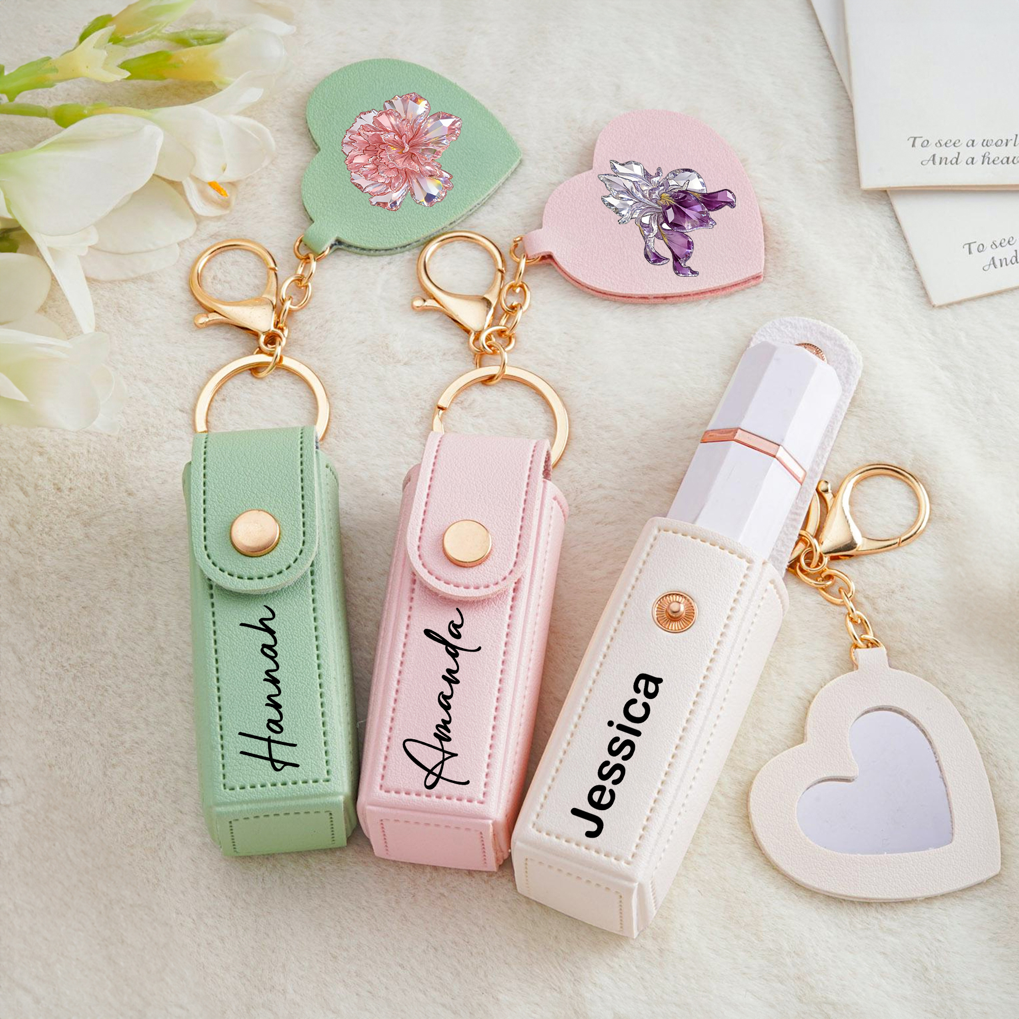 Porte-clés en cuir PU avec nom et miroir en forme de coeur Cadeau d'anniversaire pour femmes demoiselles d'honneur