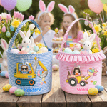 Personalised Excavator Cartoon Character Plaid Easter Basket with Name Easter Party Favor Eggs Hunting Gift for Boys Girls