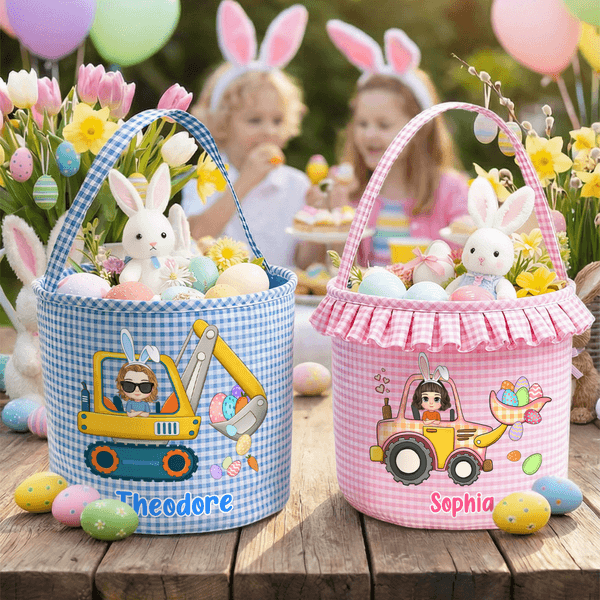 Personalised Excavator Cartoon Character Plaid Easter Basket with Name Easter Party Favor Eggs Hunting Gift for Boys Girls
