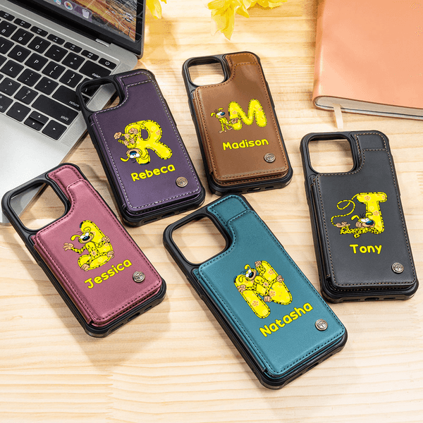 Gepersonaliseerd Schattig Marsupilami Leren Flip Telefoonhoesje met Naam en RFID Blokkerende Kaarthouder Verjaardagscadeau voor Familie | Callie × Marsupilami®